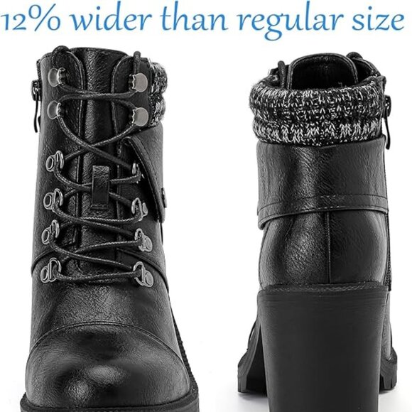 Women's Wide Width Combat Boots - Extra Wide Width High Heel Side Zipper-Black - Picture 5 of 6